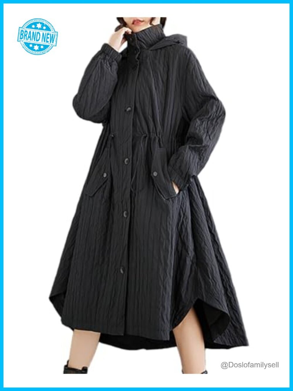 Oversize Hooded Button Down Maxi Coat Long Sleeve Cotton Blend